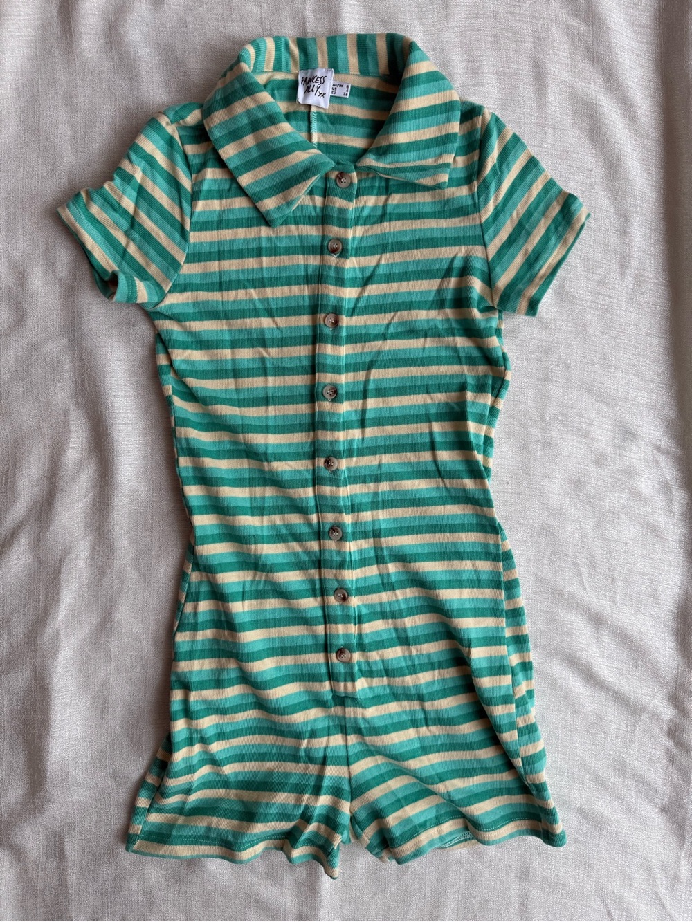 Princess Polly Green & Cream Striped Button-Front Kids Romper Top